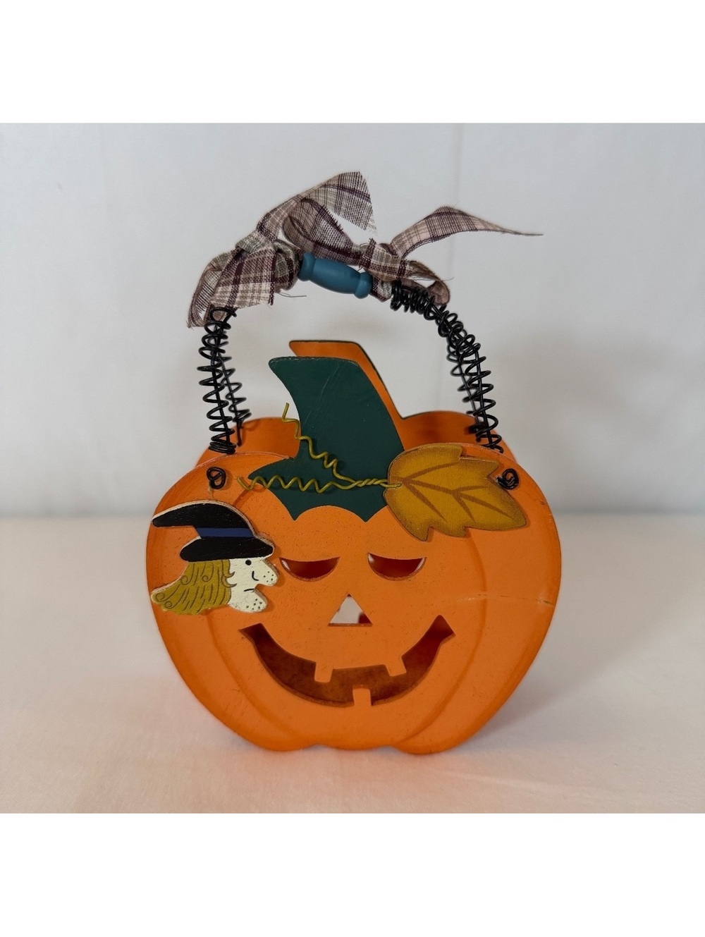 Vintage Small Wooden Halloween Pumpkin Basket with Witch Decoration